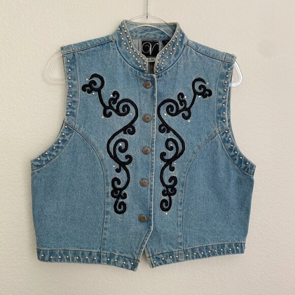 Vintage Jackets & Blazers - Vintage Valencia Western Denim Embroidered Studded Bedazzled Vest
